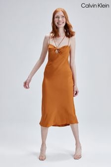 Оранжевое платье-комбинация на бретелях с перекрученной отделкой Calvin Klein (494523) | €176