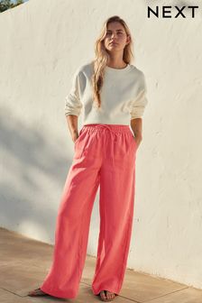 Coral Pink Premium 100% Linen Wide Leg Trousers (494900) | ￥6,910