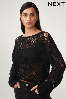 Black Long Sleeve Crochet Top (4B8747) | AED152