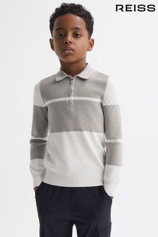 Reiss Soft Grey/White Tokyo Junior Slim Fit Half-Zip Long Sleeve Polo Shirt (4DG052) | 279 QAR