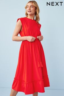 Red Tie Waist Embroidery Detail Dress (4WY402) | $48