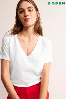 Boden White Regular V-Neck Slub T-shirt (500118) | ￥4,400