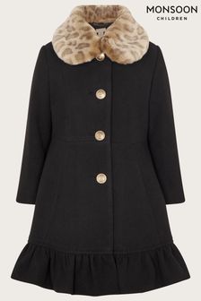Monsoon Ruffle Hem Faux Fur Collar Black Coat (500874) | €39 - €46