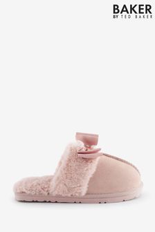 Baker by Ted Baker Girls Pink Faux Fur Trim Mule Slippers with Bow