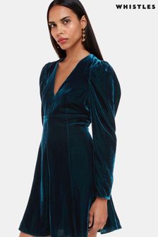 Whistles Blue Charley Velvet Flippy Dress (502056) | €124