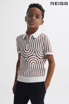 Reiss White/Brown Maycross Junior Half-Zip Striped Polo T-Shirt (502626) | €35