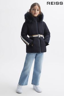 Reiss Navy Cara Senior Quilted Faux Fur Hooded Coat (503317) | €142
