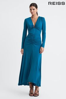 Reiss Teal Remy Plunge Neck Ruche Midi Dress (503910) | OMR186