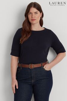 Granatowy - Bawełniana bluzka Lauren Ralph Lauren Curve ze stretchem i dekoltem w łódkę (504031) | 370 zł