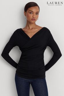 Czarna asymetryczna marszczona bluzka bawełniana Lauren Ralph Lauren ze stretchem (507023) | 375 zł