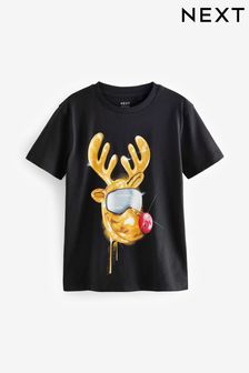 Black Reindeer Short Sleeve Christmas T-Shirt (3-16yrs) (507512) | TRY 201 - TRY 345