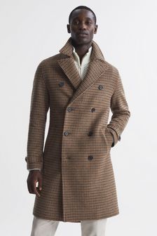 Reiss Camel Unity Modern Fit Wool Blend Double Breasted Dogtooth Coat (507881) | €577