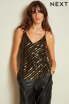 Black and Gold V-Neck Sequin Cami Top (507926) | €16