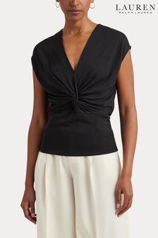 Lauren Ralph Lauren  Twist Front Jersey Cap Sleeve Black T-Shirt (508495) | 312 zł