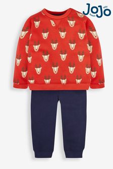 JoJo Maman Bébé Red Boys' Reindeer Sweatshirt & Jogger With Pet In Pocket Set (508541) | €21