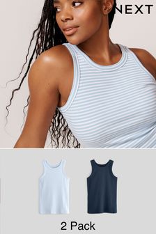 Navy Blue/Blue & White Stripe High Neck Ribbed Racer Vest Tops 2 Pack (509096) | AED88