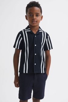Reiss Navy/White Castle Junior Ribbed Cuban Collar Shirt (509121) | $83