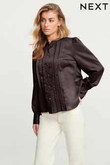 Chocolate Brown Ladder Pleated Long Sleeve Blouse (510087) | LEI 215