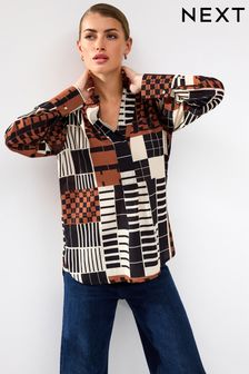 Black/Brown Check Long Sleeve Overhead V-Neck Relaxed Fit Blouse (510206) | €16