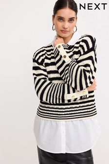 Black and Ecru Cream Stripe Stitch Detail Shirt Layer Jumper (510441) | $62