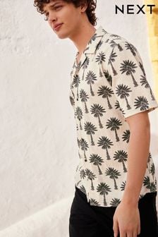 White Palm Tree Printed Short Sleeve Shirt with Cuban Collar (511201) | $47