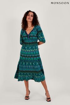 Monsoon Green Tiered Leaf Print Midi Jersey Dress with Sustainable Cotton (511508) | €54