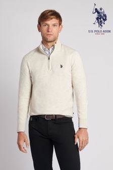 Crem - Pulover tricotat cu fermoar scurt U.S. Polo Assn. Bărbați Gri Pulover cu guler înalt (512956) | 418 LEI