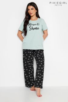 PixieGirl Petite 'Rise & Shine' Slogan Wide Leg Pyjama Set