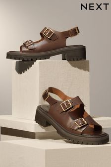 Chocolate Brown Regular/Wide Fit Premium Leather Chunky Cleated Sandals (514041) | €54