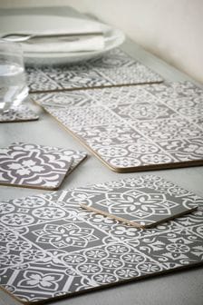 Grey 4 Tile Print Placemats And Coasters Set (514201) | ₪ 59