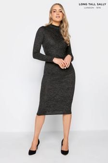 Long Tall Sally Black Charcoal Marl High Neck Ruched Midi Dress (514358) | OMR18