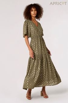 Apricot Khaki Green Foil Oval Angel Sleeve Midaxi Dress (514632) | SGD 97