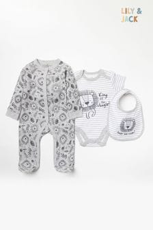 Little Gent Grey Lion Print Cotton 3-Piece Baby Gift Set (515124) | 159 SAR