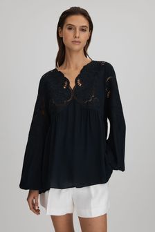 Reiss Navy Noa Lace Cut-Out Blouse (515592) | AED1,282
