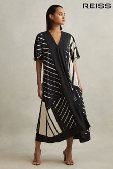 Reiss Black/White Cami Printed Fit and Flare Midi Dress (515612) | HK$3,424