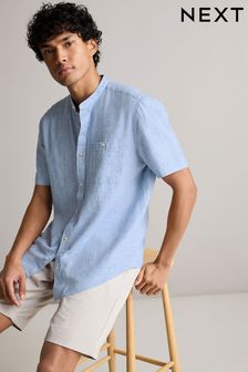 Blue Grandad Collar Linen Blend Short Sleeve Shirt (517386) | AED117