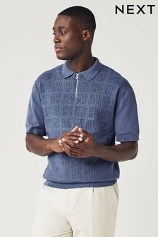 Blue Knitted Pointelle Textured Relaxed Fit Polo Shirt (517494) | SGD 57