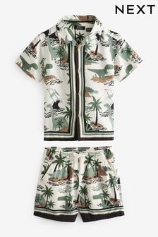 Green/Ecru Dino Short Sleeves Printed Shirt and Shorts Set (3mths-12yrs) (518086) | ￥3,120 - ￥4,160