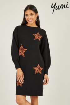 Yumi Black Relaxed Fit Intarsia Star Print Tunic Dress (520154) | kr649
