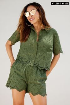 Myleene Klass Khaki Green Broderie Short Sleeve Coord Shirt (521638) | $110