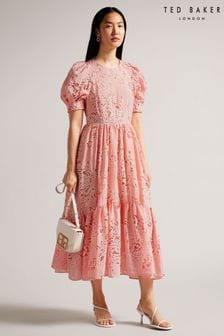Ted Baker Pink Esthher Coral Puff Sleeve Tiered Midi Dress (522786) | TRY 5.191