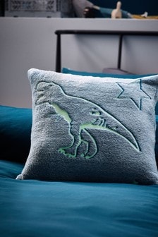 Сине-зеленая подушка из ультрамягкого флиса со светящимися в темноте динозаврами