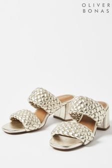 Oliver Bonas Gold Weave Block Heeled Leather Sandals (523788) | 250 zł