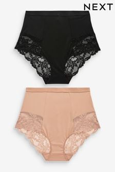 Black/Nude High Waist Brief Tummy Control Shaping Lace Back Brazilian Knickers 2 Pack (524727) | R367