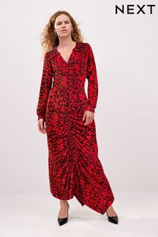 Красный со звериным принтом - Платье миди со сборками (525094) | €29