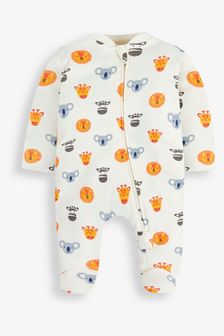 JoJo Maman Bébé Cream Safari Friends Print Zip Cotton Baby Sleepsuit (525369) | SGD 39