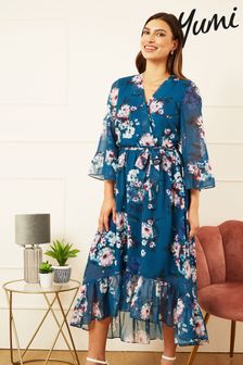 Yumi Blue Watercolour Floral Dip Hem Midi Dress (527043) | 247 QAR