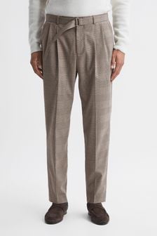 Reiss Brown Rail Prince of Wales Check Belted Trousers (527355) | $262