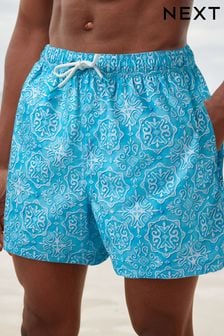 Turquoise Blue/White Mediterranean Tile Regular Fit Printed Swim Shorts (527871) | 89 QAR