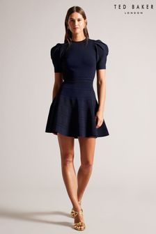 Ted Baker Blue Velvey Puff Sleeve Dress With Engineered Skirt (527935) | €100